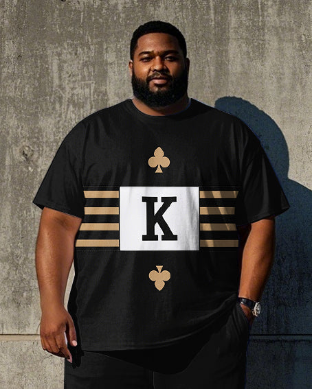 Big Men's Casual Spades Stripe K Printed Short Sleeve T-shirt Pants 2-Piece Set
