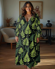 Plus Size Women Casual Elegant Green Forest Leaves Print Wrap Midi Dress