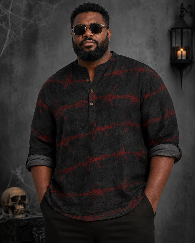 Big & Tall Men's Black Red Barbed Wire Printed Long Sleeve Shirt With Vertical Collar