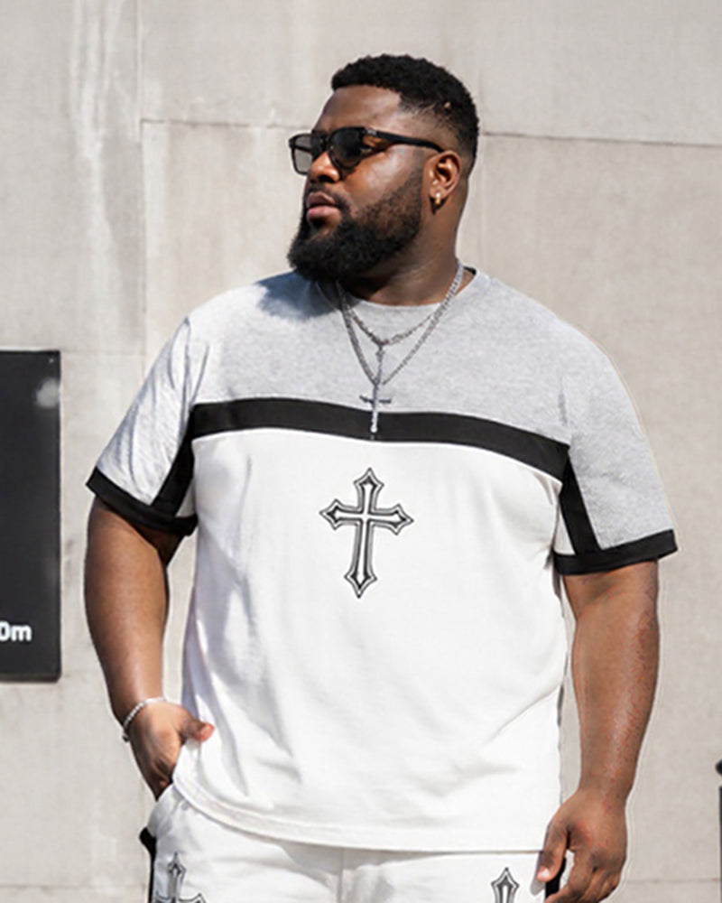 Big & Tall Men's Grey-White Black Colorblock Printed T-Shirt Pants Set