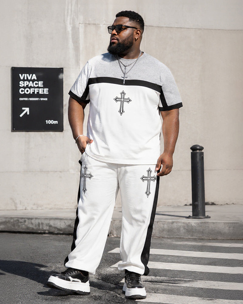 Big & Tall Men's Grey-White Black Colorblock Printed T-Shirt Pants Set