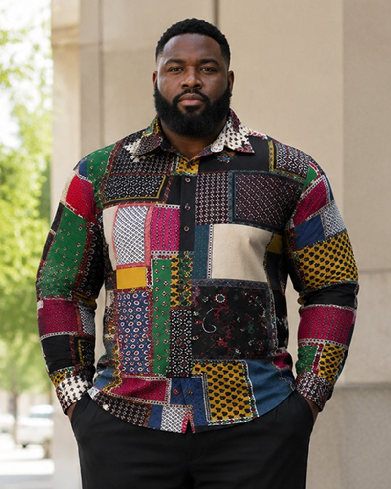 Big & Tall Men’s Retro Multicolor Patchwork Plaid Color-Block Printed Long-Sleeve Shirt And Pants Set