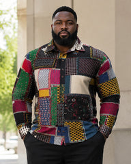 Big & Tall Men’s Retro Multicolor Patchwork Plaid Color-Block Printed Long-Sleeve Shirt And Pants Set