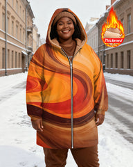 Women's Yellow Orange Brown Gradient Wave Dot Print Velvet Thickened Long Hooded Coat