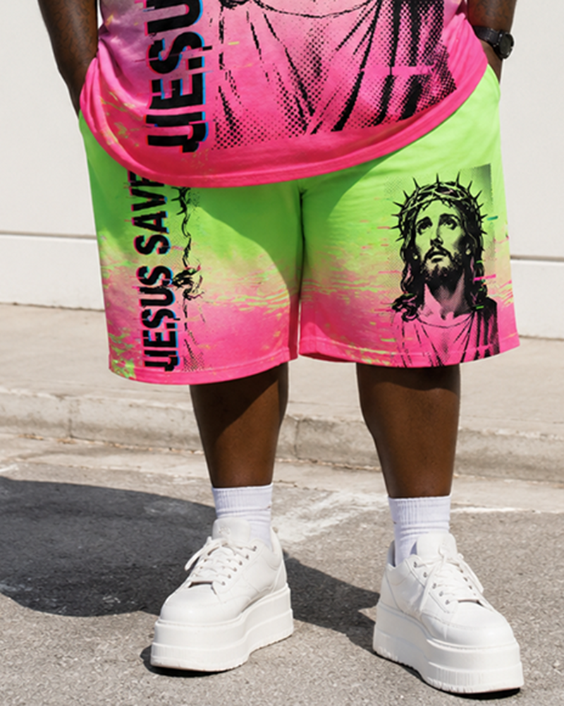 Big & Tall Men’s Gradient Pink Jesus Head Portrait JESUS SAVED Printed Crew-Neck Short-Sleeve T-Shirt And Shorts Set
