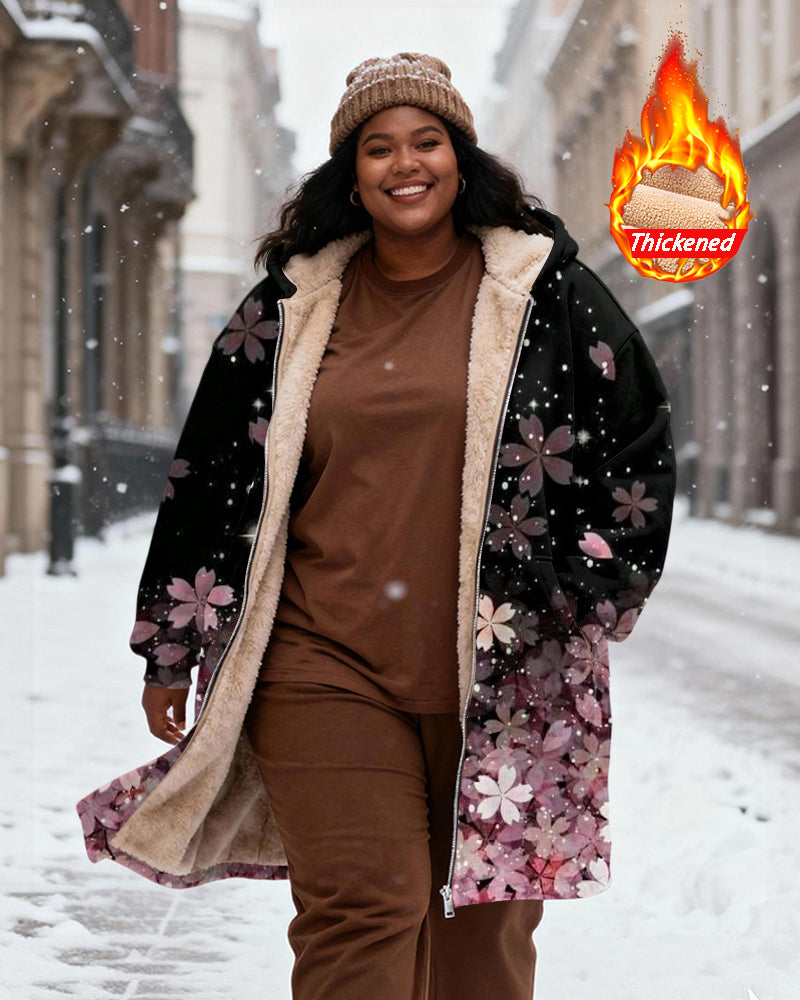 Women's Black Bottom Pink And Purple Cherry Blossom Gradient Print Velvet Thickened Long Hooded Coat