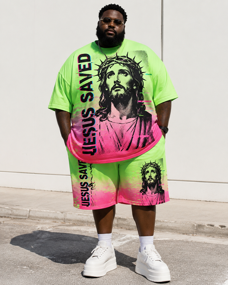 Big & Tall Men’s Gradient Pink Jesus Head Portrait JESUS SAVED Printed Crew-Neck Short-Sleeve T-Shirt And Shorts Set