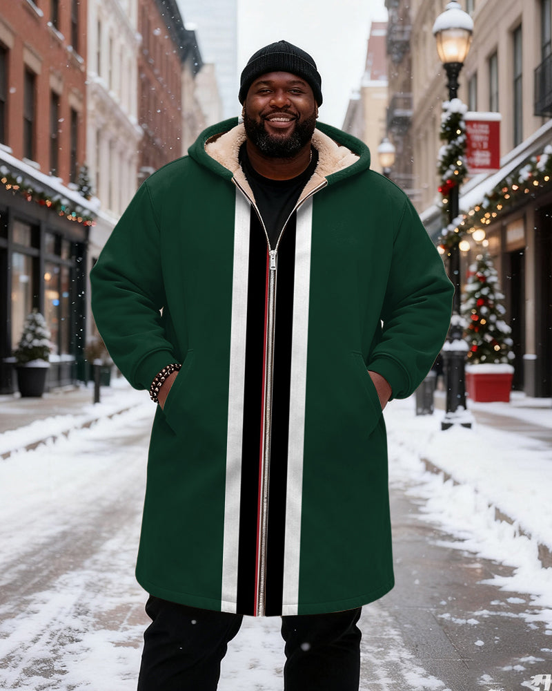 Big & Tall Men's Green Black White Red Contrast Striped Printed Velvet Thickened Long Hooded Coat