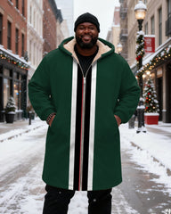 Big & Tall Men's Green Black White Red Contrast Striped Printed Velvet Thickened Long Hooded Coat