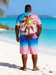 Big & Tall Men's Pink Blue Gradient Coconut Tree Printed Round Neck Short Sleeve T-Shirt Shorts Set