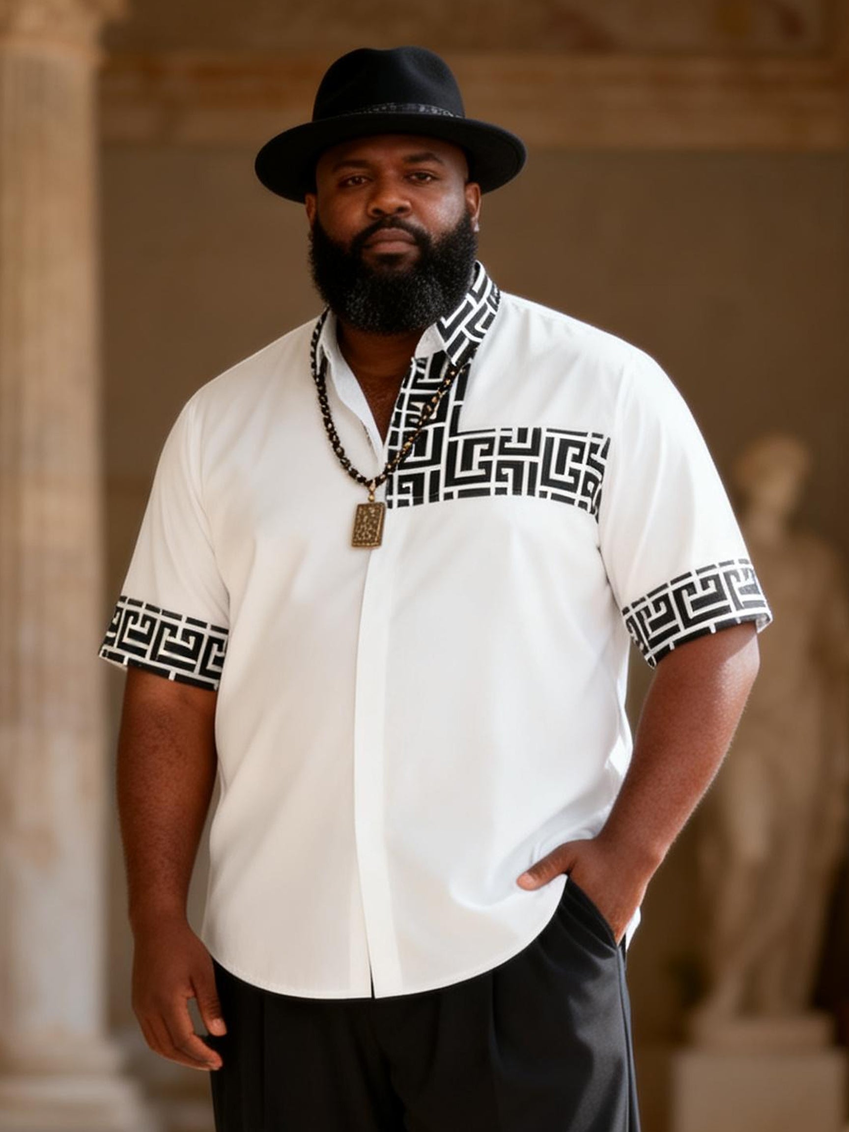 Big & Tall Men's Retro White Background Black Plicet Printed Short Sleeve Shirt Trousers Set