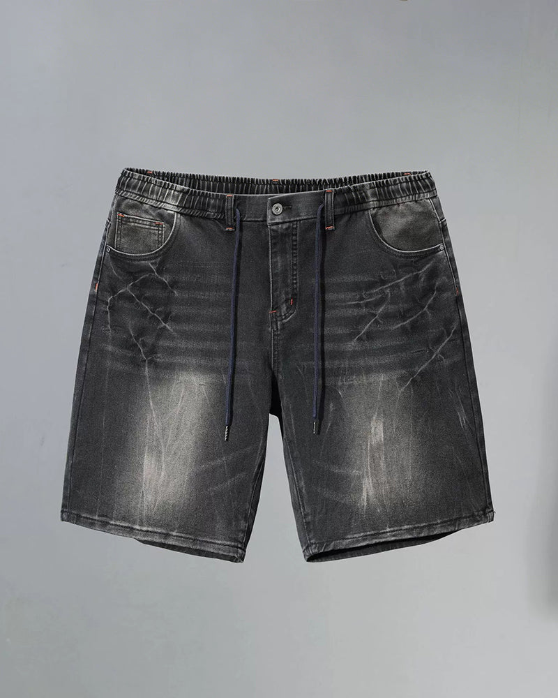 M-6XL Plus Size Men's Black Grey Cracked Washed Used Drawstring Denim Shorts