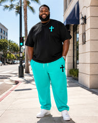 Big & Tall Men's Black And Blue Contrast Cross Printed T-Shirt Pants Set