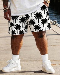 Big & Tall Men's Hawaiian Coconut Tree Sunset Print Round Neck Short Sleeve T-Shirt Shorts Set