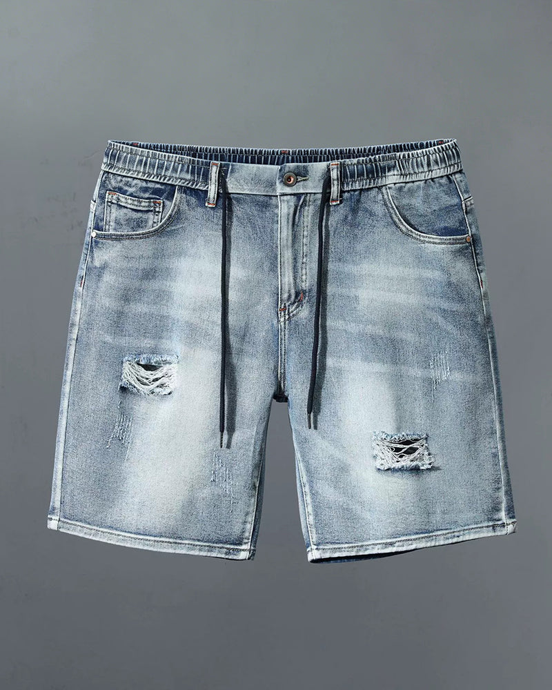 M-6XL Plus Size Men's White Small Ripped Drawstring Waist Loose Straight Denim Shorts