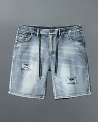 M-6XL Plus Size Men's White Small Ripped Drawstring Waist Loose Straight Denim Shorts