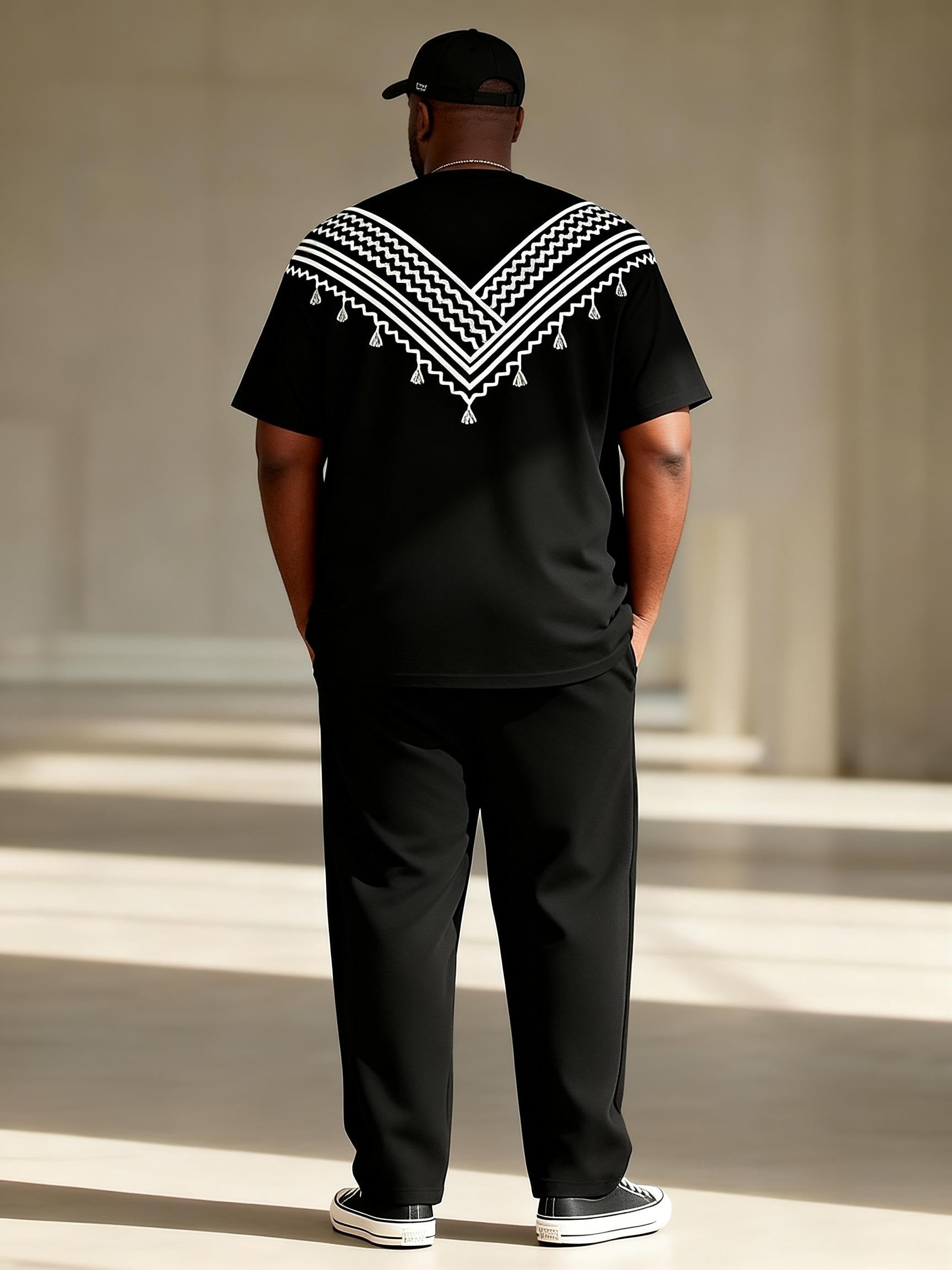 Big & Tall Men's Black And White V-shaped Tassel Ethnic Style Printed T-shirt Pants Set