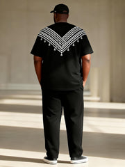 Big & Tall Men's Black And White V-shaped Tassel Ethnic Style Printed T-shirt Pants Set