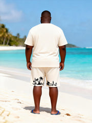 Big & Tall Men's White Beach ECG Printed Crewneck Short Sleeve T-Shirt Shorts Set