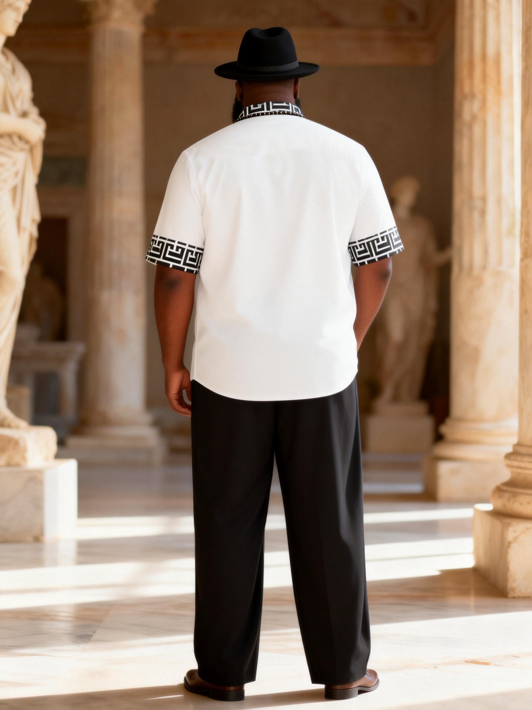 Big & Tall Men's Retro White Background Black Plicet Printed Short Sleeve Shirt Trousers Set