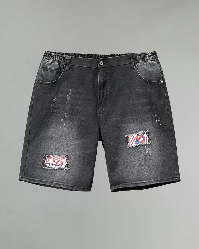 M-6XL Large Size Men's Black And Grey Washed White American Flag Cloth Rick Denim Shorts