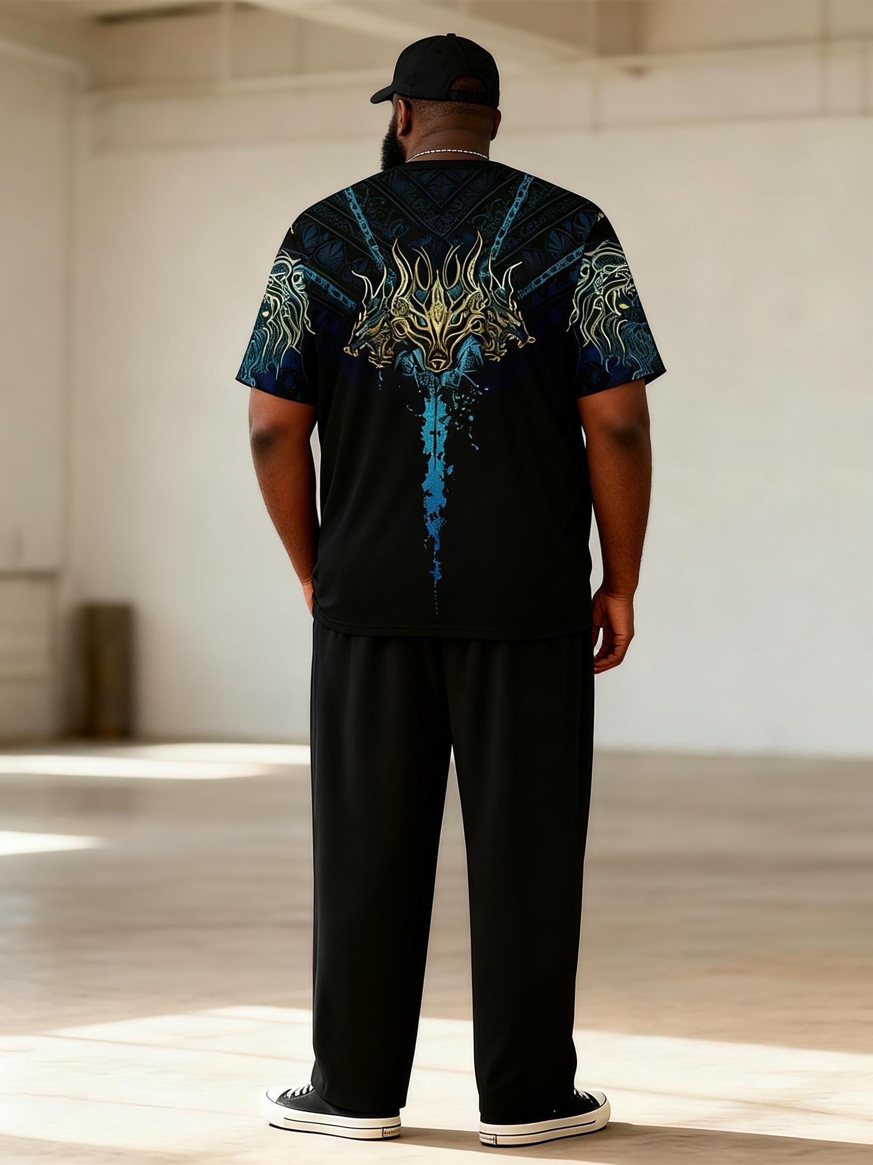 Big & Tall Men's Black Gold Blue Flame Totem Printed T-Shirt Pants Set