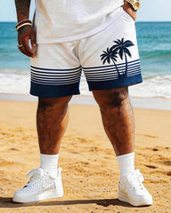 Big & Tall Men's Simple Coconut Stripe Print Round Neck Short Sleeve T-Shirt Shorts Set