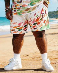 Big & Tall Men's Watercolor Small Fish Print Round Neck Short Sleeve T-Shirt Shorts Set