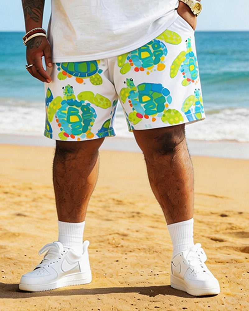 Big & Tall Men's Childish Turtle Print Round Neck Short Sleeve T-Shirt Shorts Set