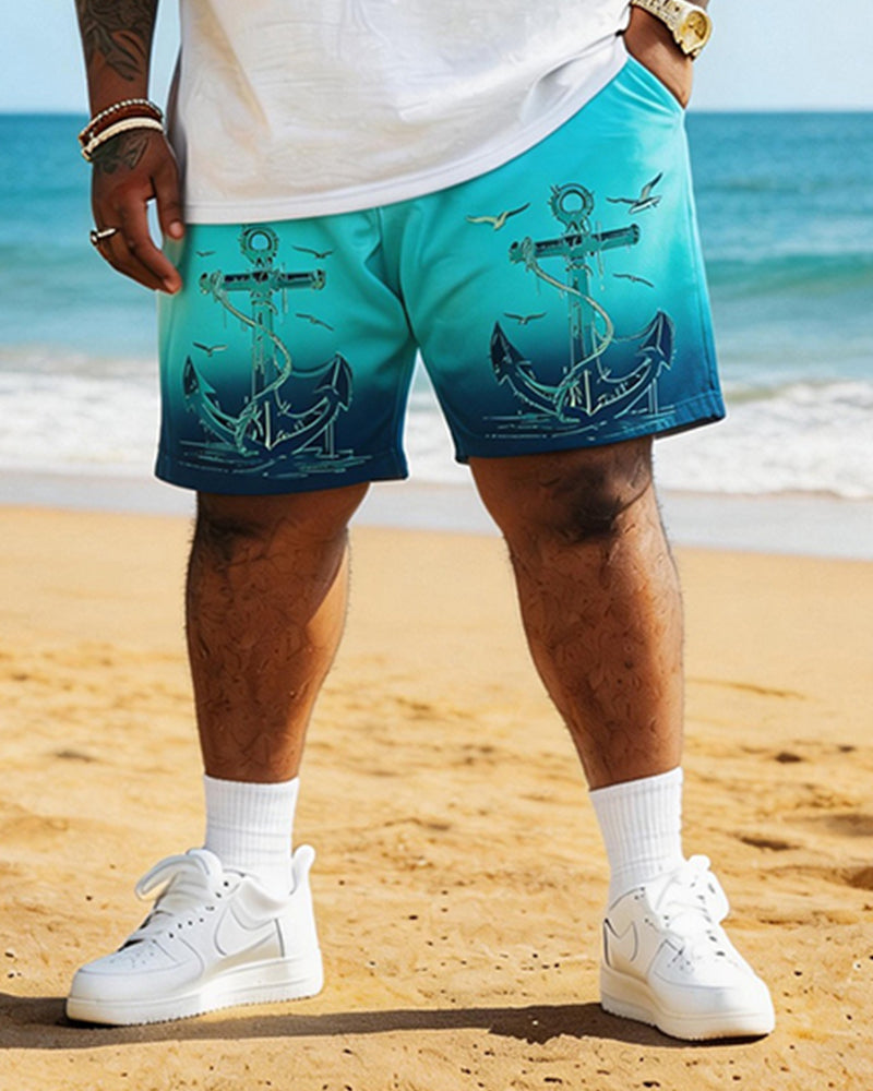 Big & Tall Men's Sailing Anchor Gradient Print Round Neck Short Sleeve T-Shirt Shorts Set