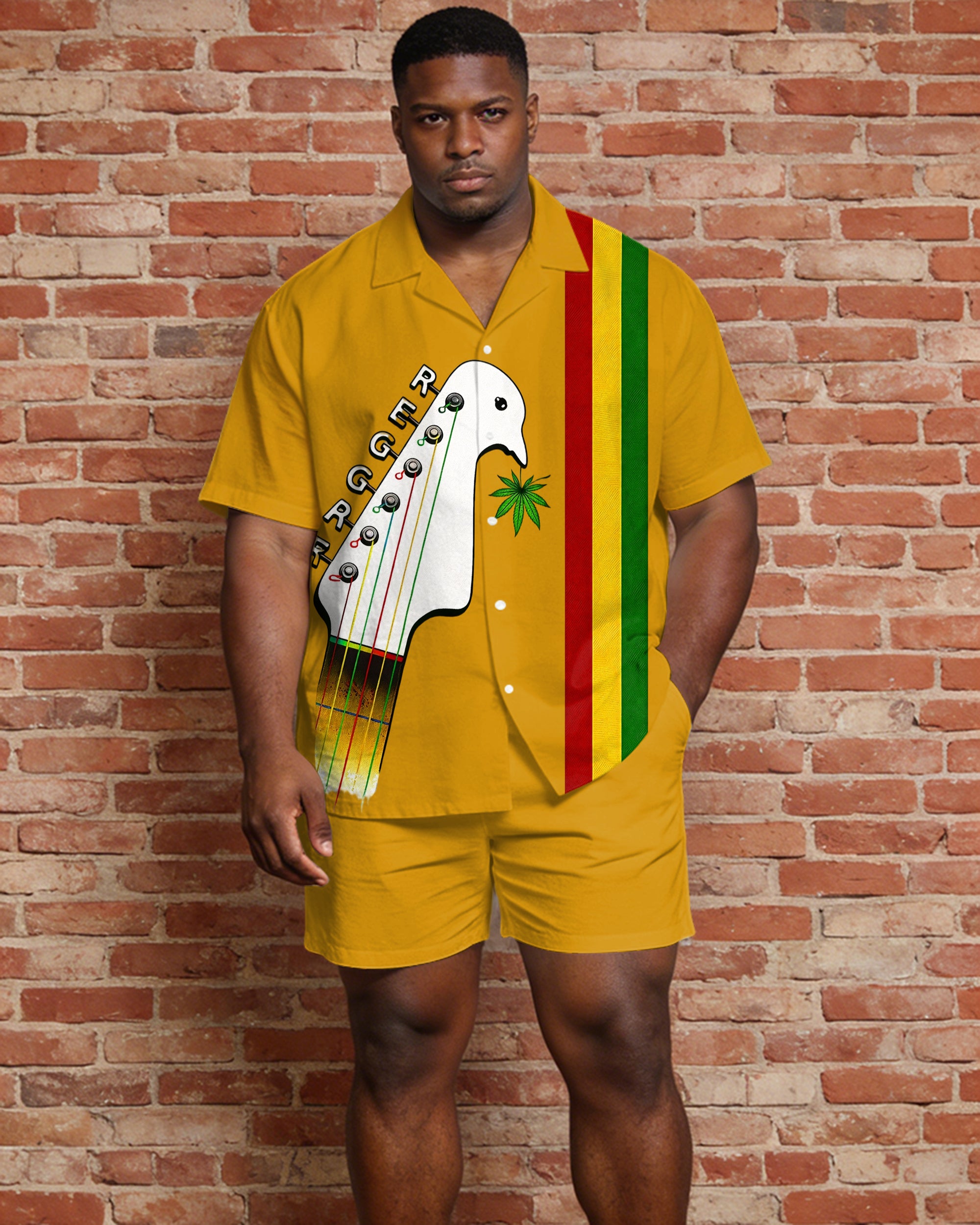 Big & Tall Men's Music Pattern Printed Yellow Short Sleeve Shirt Shorts Set