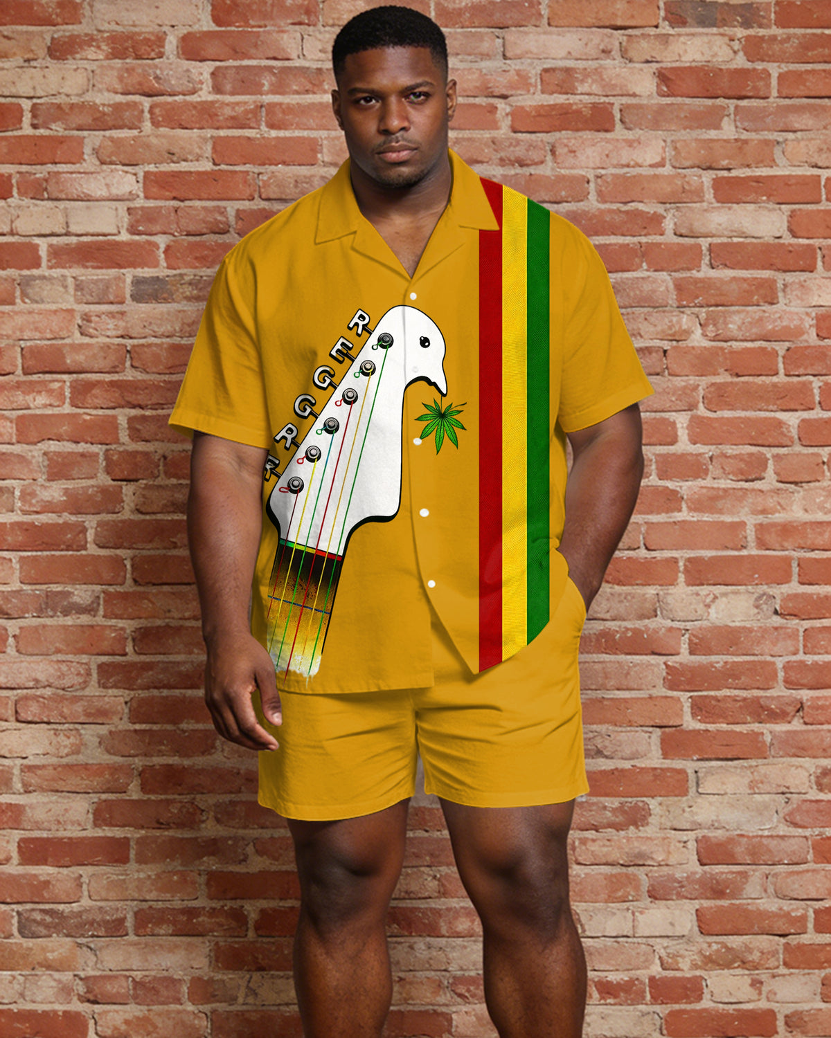 Big & Tall Men's Music Pattern Printed Yellow Short Sleeve Shirt Shorts Set