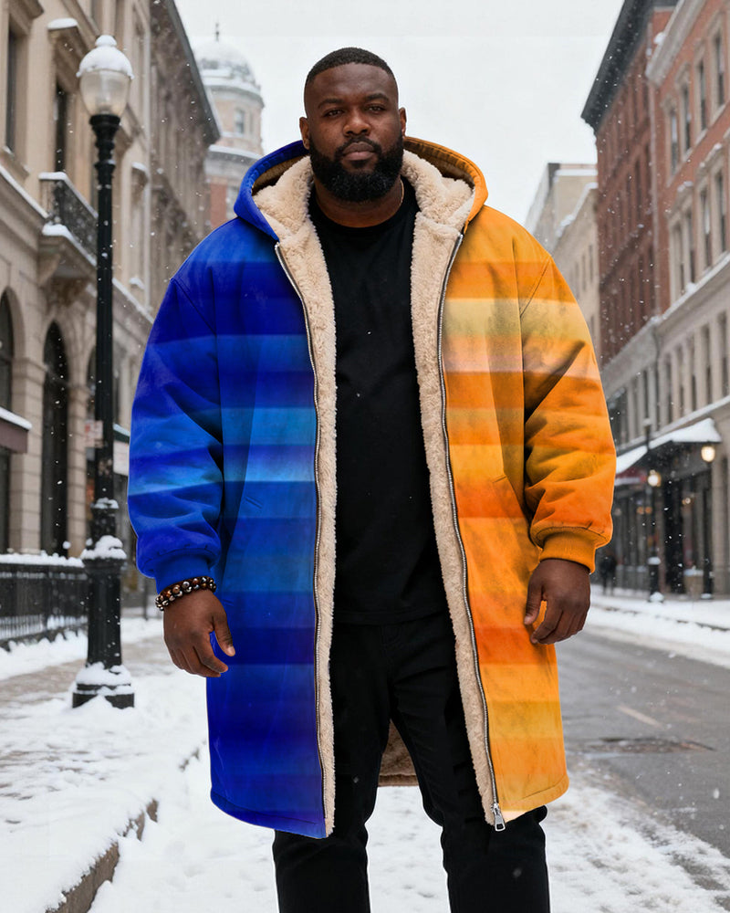 Big & Tall Men's Orange Blue Stripe Gradient Printed Velvet Thickened Long Hooded Coat