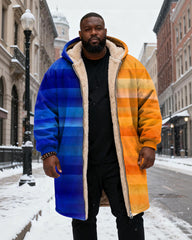 Big & Tall Men's Orange Blue Stripe Gradient Printed Velvet Thickened Long Hooded Coat