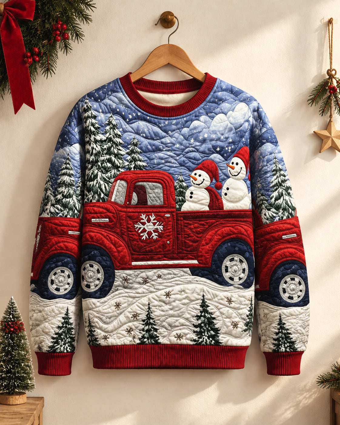 Big & Tall Men's Snowman Driving for Christmas Quilted Sweatshirt