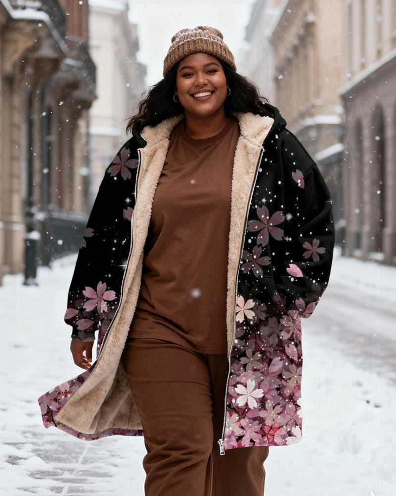 Women's Black Bottom Pink And Purple Cherry Blossom Gradient Print Velvet Thickened Long Hooded Coat