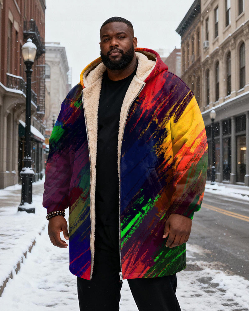 Big & Tall Men's Rainbow Graffiti Print Velvet Thickened Long Hooded Coat