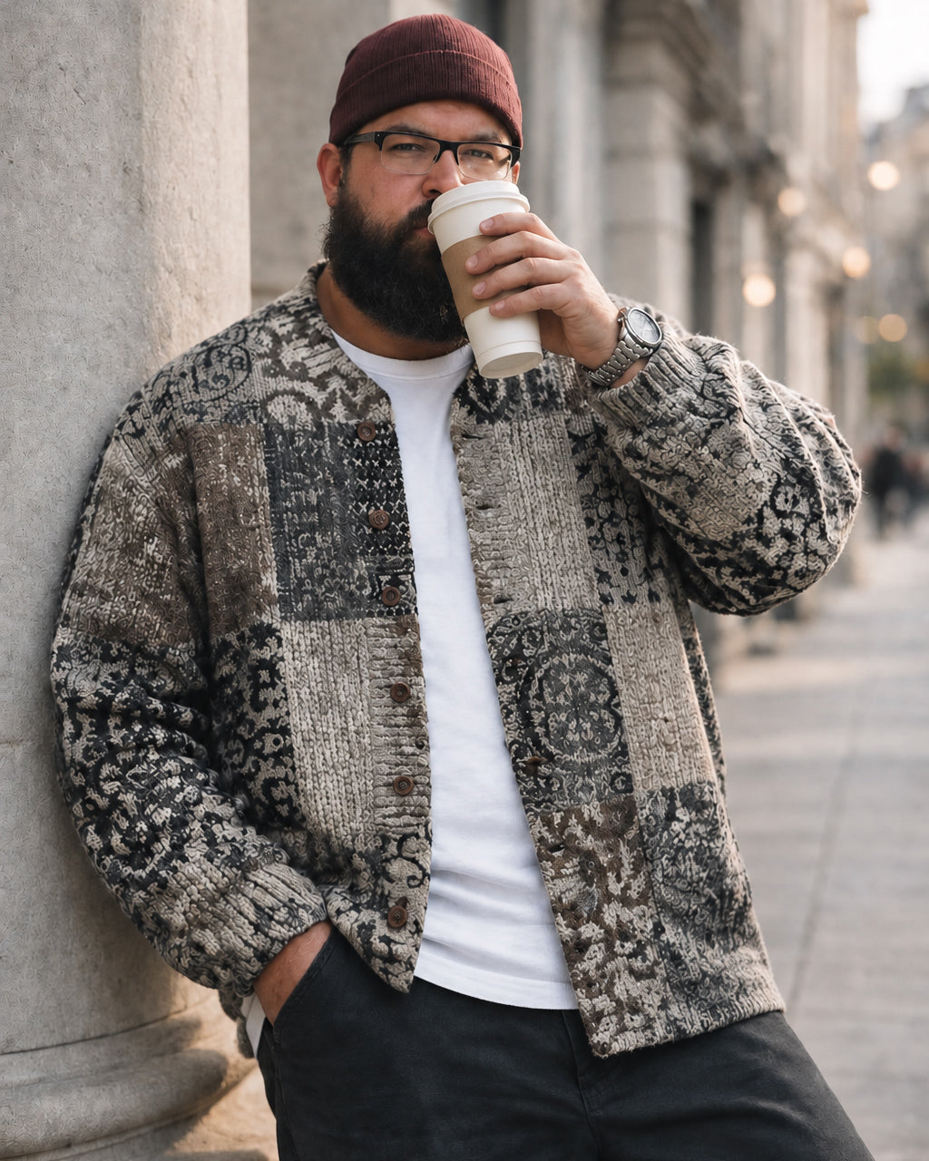 Big & Tall Men's Vintage Patchwork Paisley Knit Cardigan