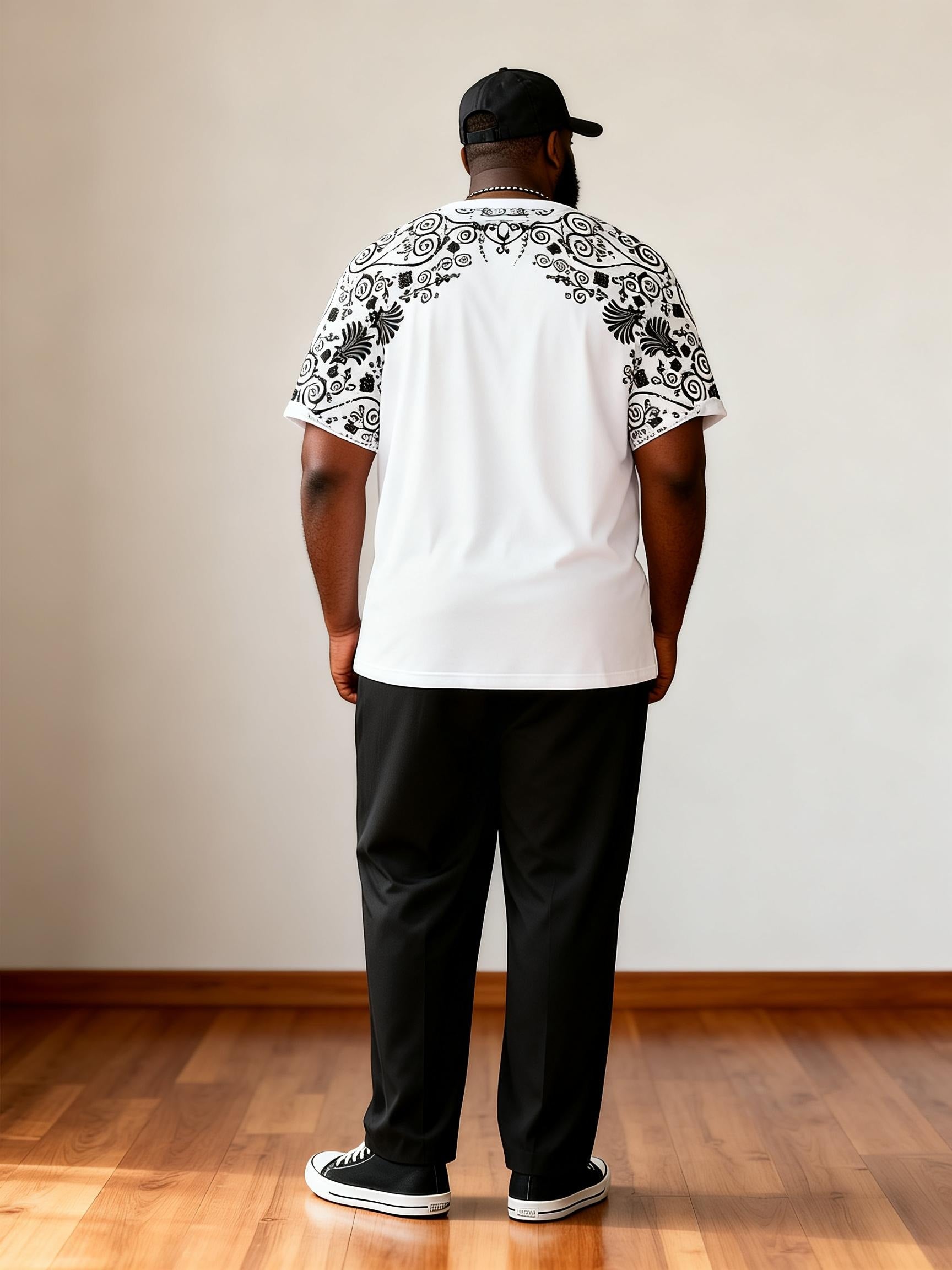 Big & Tall Men's Black And White Retro Scrollwork Print T-Shirt And Pants Set