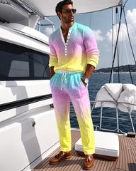 S-3XL Gradient Tie-Dye Snob Printed Henry Collar Shirt Drawstring Pants Two-Piece Set