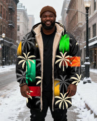 Big & Tall Men's Black Color Square Palm Tree Printed Velvet Thickened Long Hooded Coat