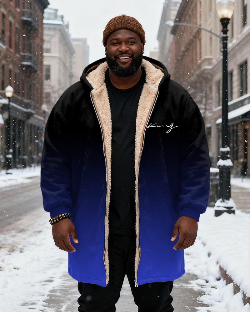 Big & Tall Men's Gradient King Alphabet Printed Velvet Thickened Long Hooded Exterior