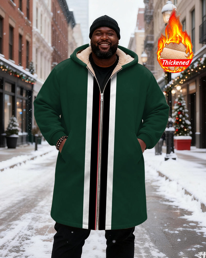 Big & Tall Men's Green Black White Red Contrast Striped Printed Velvet Thickened Long Hooded Coat