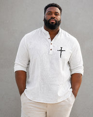 Big & Tall Men's Hand-painted Cross Small Logo Printed Stand Collar Long Sleeve Shirt