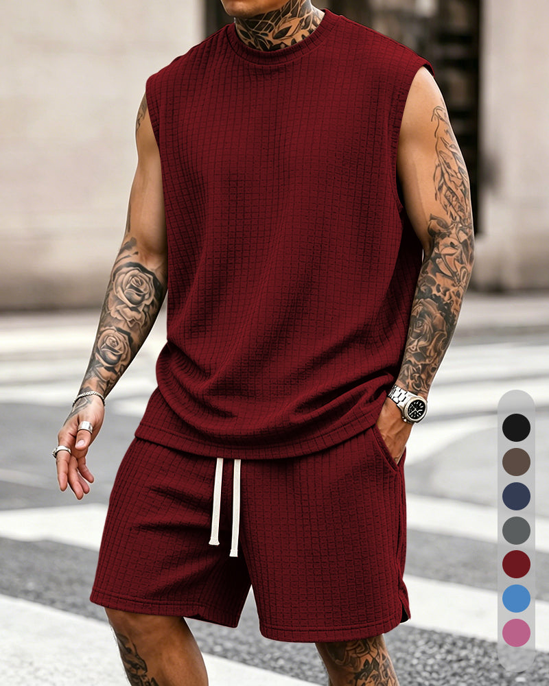S-8XL Men's Solid-Color Ribbed Sleeveless Vest and Shorts Two-Piece Set