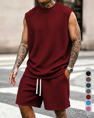 S-8XL Men's Solid-Color Ribbed Sleeveless Vest and Shorts Two-Piece Set