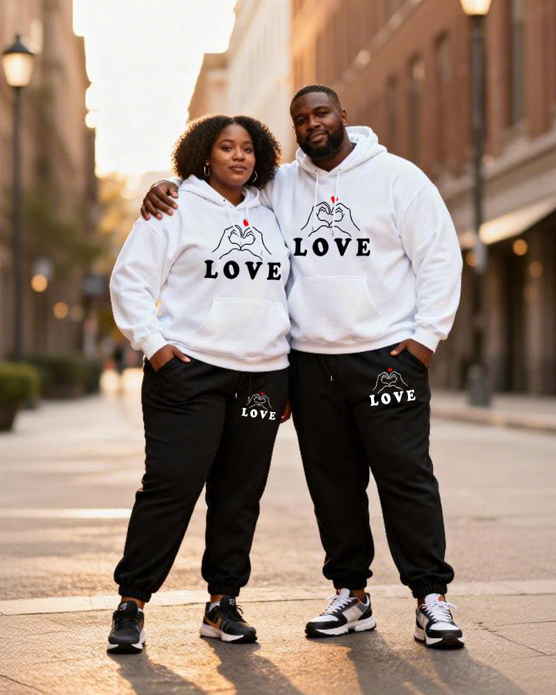 Big & Tall Couples Heart-to-Heart Gesture LOVE Printed Hoodie Set