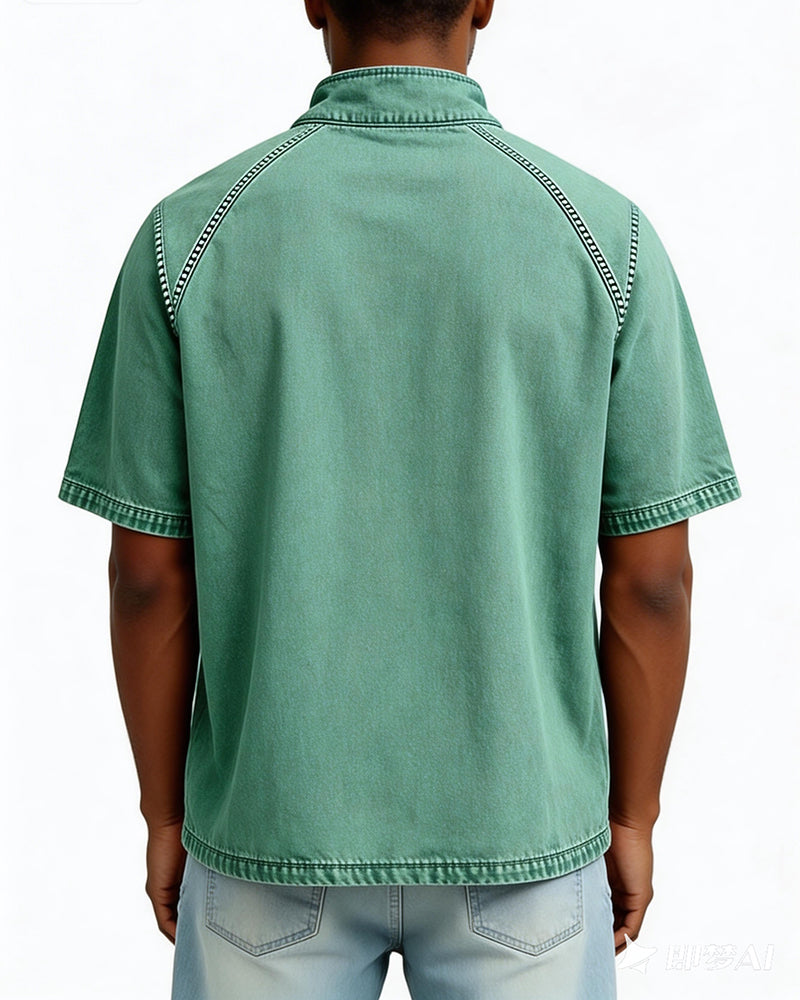 S-4XL Solid Color American Style Wash Pure Cotton Half Zip Short Sleeve Polo Shirt