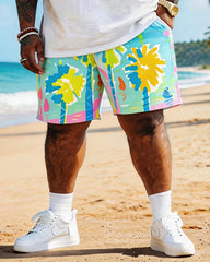 Big & Tall Men's Macaroon Coconut Hand-painted Wind Printed Round Neck Short-sleeved T-shirt Shorts Set