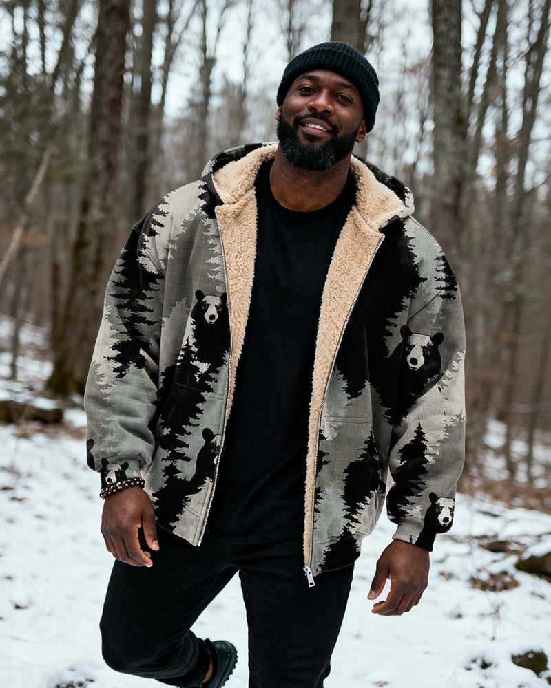 Big & Tall Men's Grey Black Forest Bear Print Velvet Thickened Zip Hoodie